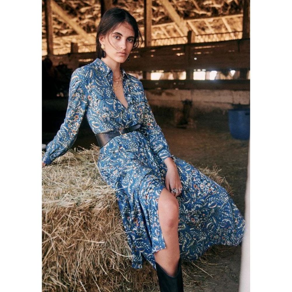 Sezane Lauretta Ranch Print Collared Button Down Midi Dress 36